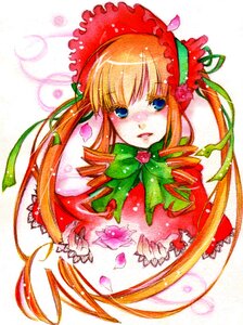 Rating: Safe Score: 0 Tags: 1girl blonde_hair blue_eyes blush bonnet bow bowtie dress drill_hair flower green_bow image long_hair long_sleeves looking_at_viewer marker_(medium) petals rose shinku simple_background solo traditional_media twin_drills upper_body User: admin