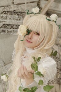 Rating: Safe Score: 0 Tags: 1girl bangs blurry closed_mouth depth_of_field dress flower green_eyes kirakishou leaf lips long_hair looking_at_viewer photo rose smile solo upper_body white_dress white_flower white_hair white_rose User: admin