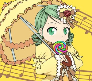 Rating: Safe Score: 0 Tags: 1girl candy dress drill_hair eighth_note flower food frills green_eyes green_hair holding_umbrella image kanaria lollipop long_sleeves musical_note orange_background parasol solo swirl_lollipop twin_drills umbrella yellow_background User: admin