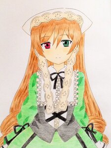 Rating: Safe Score: 0 Tags: 1girl black_ribbon brown_hair dress green_dress green_eyes hat heterochromia image long_hair long_sleeves looking_at_viewer red_eyes ribbon simple_background solo suiseiseki traditional_media upper_body very_long_hair User: admin