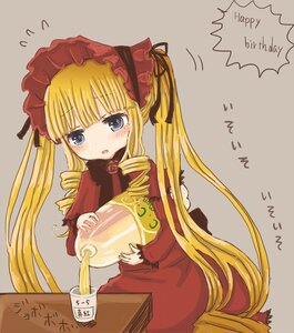 Rating: Safe Score: 0 Tags: 1girl blonde_hair blue_eyes blush cup dress drill_hair flying_sweatdrops image long_hair long_sleeves open_mouth rose shinku simple_background solo very_long_hair User: admin