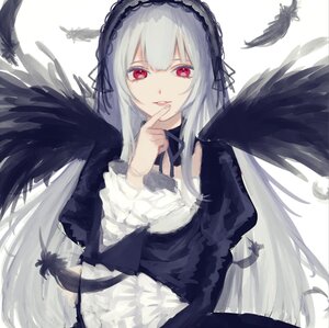 Rating: Safe Score: 0 Tags: 1girl angel_wings bangs bird black_feathers black_wings crow doll_joints dove dress feathered_wings feathers finger_to_mouth frills hairband image joints lolita_fashion long_hair long_sleeves looking_at_viewer red_eyes ribbon silver_hair solo suigintou very_long_hair white_background white_feathers wings User: admin