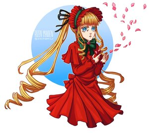 Rating: Safe Score: 0 Tags: 1girl blonde_hair blue_eyes bonnet bow capelet dress drill_hair flower image long_hair long_sleeves looking_at_viewer petals red_capelet red_dress shinku solo striped twin_drills twintails User: admin