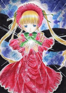 Rating: Safe Score: 0 Tags: 1girl blonde_hair blue_eyes bonnet bow bowtie cowboy_shot dress flower frills green_bow green_neckwear image long_hair long_sleeves looking_at_viewer red_capelet red_dress shinku sidelocks solo standing twintails User: admin