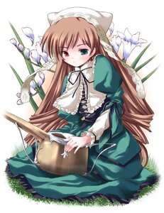 Rating: Safe Score: 0 Tags: 1girl brown_hair dress drill_hair flower freesia_(flower) frills green_dress green_eyes hat head_scarf heterochromia image long_hair long_sleeves looking_at_viewer plant red_eyes ribbon rozen_maiden shinshin sitting solo suiseiseki very_long_hair watering_can white_background User: admin