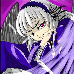 Rating: Safe Score: 0 Tags: 1girl black_wings dress feathered_wings feathers flower frilled_sleeves frills hairband image long_hair long_sleeves looking_at_viewer pink_eyes rose silver_hair smile solo suigintou wings User: admin