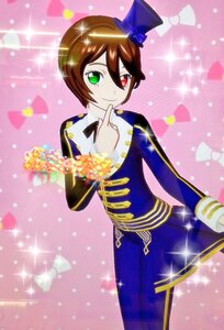 Rating: Safe Score: 0 Tags: 1boy brown_hair finger_to_mouth green_eyes hat heterochromia image index_finger_raised long_sleeves looking_at_viewer mini_hat mini_top_hat pink_background red_eyes smile solo souseiseki sparkle sparkle_background top_hat User: admin