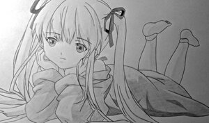 Rating: Safe Score: 0 Tags: 1girl greyscale hair_ribbon image long_hair looking_at_viewer lying monochrome on_stomach ribbon shinku smile solo traditional_media twintails User: admin