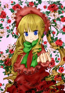 Rating: Safe Score: 0 Tags: 1girl blonde_hair blue_eyes bow bowtie dress drill_hair flower green_bow image long_hair looking_at_viewer orange_flower pink_flower pink_rose red_flower red_rose rose rose_petals shinku sidelocks solo thorns twin_drills vines yellow_rose User: admin