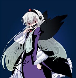 Rating: Safe Score: 0 Tags: 1girl black_wings blue_background dress flower frilled_sleeves frills hairband image long_hair long_sleeves looking_at_viewer red_eyes ribbon rose silver_hair solo suigintou very_long_hair wings User: admin