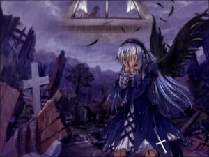 Rating: Safe Score: 0 Tags: 1girl black_wings building city cross-laced_clothes dress feathers flower frilled_sleeves frills hairband image lolita_hairband long_hair long_sleeves ribbon silver_hair sky solo standing suigintou very_long_hair wings User: admin