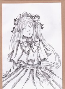 Rating: Safe Score: 0 Tags: 1girl border brooch capelet dress graphite_(medium) greyscale hair_ornament hair_ribbon image jewelry long_hair looking_at_viewer monochrome ribbon shinku simple_background smile solo traditional_media User: admin