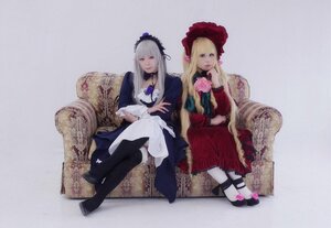 Rating: Safe Score: 0 Tags: 2girls black_legwear blonde_hair bonnet dress flower frills lolita_fashion long_hair long_sleeves looking_at_viewer multiple_cosplay multiple_girls red_dress rose siblings silver_hair sisters sitting tagme User: admin