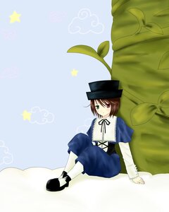 Rating: Safe Score: 0 Tags: 1girl brown_hair dress full_body green_eyes hat heterochromia image long_sleeves looking_at_viewer plant red_eyes short_hair sitting solo souseiseki star_(symbol) striped_background top_hat User: admin