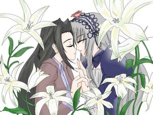 Rating: Safe Score: 0 Tags: 1boy 1girl black_hair closed_eyes couple flower holding_hands image lily_(flower) long_hair solo suigintou User: admin