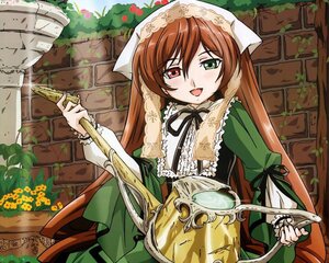 Rating: Safe Score: 0 Tags: 1girl :d brown_hair dress flower green_dress green_eyes head_scarf heterochromia image long_hair long_sleeves open_mouth outdoors red_eyes smile solo suiseiseki twintails very_long_hair watering_can User: admin