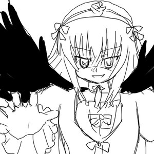 Rating: Safe Score: 0 Tags: 1girl bare_shoulders black_wings detached_collar dress greyscale image looking_at_viewer monochrome simple_background smile solo suigintou white_background wings User: admin