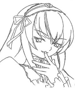 Rating: Safe Score: 0 Tags: 1girl finger_to_mouth greyscale hair_ribbon image looking_at_viewer monochrome ribbon simple_background sketch smile solo suigintou white_background User: admin