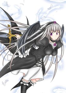 Rating: Safe Score: 0 Tags: 1girl black_wings dress feathers flower frills hairband image lolita_hairband long_hair long_sleeves looking_at_viewer puffy_sleeves purple_eyes rose silver_hair solo suigintou thighhighs weapon wings User: admin