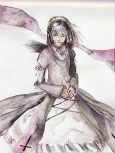 Rating: Safe Score: 0 Tags: 1girl black_wings dress frilled_sleeves frills image juliet_sleeves long_sleeves looking_at_viewer puffy_sleeves red_eyes silver_hair smile solo standing suigintou traditional_media wings User: admin