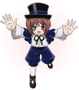 Rating: Safe Score: 0 Tags: 1girl :d blue_dress brown_hair dress frills full_body green_eyes hat heterochromia image long_sleeves looking_at_viewer open_mouth outstretched_arms red_eyes shoes smile solo souseiseki top_hat white_background white_legwear User: admin