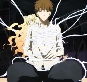 Rating: Safe Score: 0 Tags: 1boy 1girl bandaged_arm bandages blonde_hair brown_hair dress long_hair pants shirt white_shirt User: admin