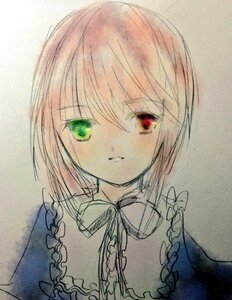 Rating: Safe Score: 0 Tags: 1girl bangs eyebrows_visible_through_hair frills green_eyes hair_between_eyes heterochromia image looking_at_viewer parted_lips red_eyes short_hair simple_background solo souseiseki traditional_media upper_body User: admin
