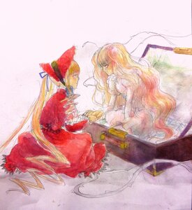 Rating: Safe Score: 0 Tags: blonde_hair dress image kirakishou long_hair multicolored_hair multiple_girls pair shinku sitting traditional_media very_long_hair watercolor_(medium) User: admin