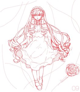 Rating: Safe Score: 0 Tags: 1girl dress flower frills hairband image long_hair long_sleeves looking_at_viewer monochrome rose shinku solo standing very_long_hair User: admin