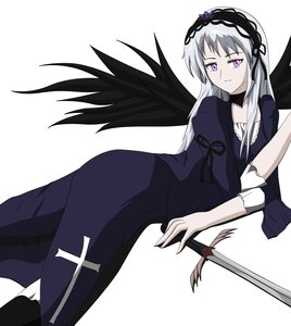Rating: Safe Score: 0 Tags: 1girl black_wings dress flower frills hairband image long_hair long_sleeves looking_at_viewer pink_eyes rose silver_hair simple_background solo suigintou white_background wings User: admin