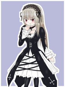 Rating: Safe Score: 0 Tags: 1girl black_legwear blush choker collarbone dress frills hairband image juliet_sleeves long_hair long_sleeves looking_at_viewer outline pantyhose red_eyes silver_hair smile solo standing suigintou white_outline User: admin