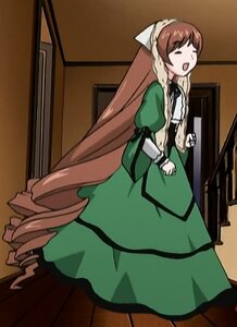 Rating: Safe Score: 0 Tags: 1girl apron brown_hair closed_eyes door dress green_dress image long_hair long_sleeves open_mouth puffy_sleeves solo standing suiseiseki very_long_hair User: admin