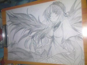 Rating: Safe Score: 0 Tags: 1girl bare_shoulders black_wings dress elbow_gloves feathered_wings gloves hairband image long_hair long_sleeves looking_at_viewer monochrome photo solo suigintou traditional_media very_long_hair weapon white_background wings User: admin
