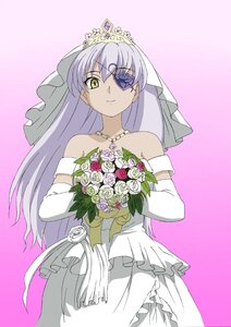 Rating: Safe Score: 0 Tags: 1girl barasuishou bare_shoulders bouquet bride commentary_request crown dress elbow_gloves eyepatch flower gloves image ishii_hisao jewelry long_hair necklace pink_background rose rozen_maiden smile solo tiara veil wedding_dress yellow_eyes User: admin