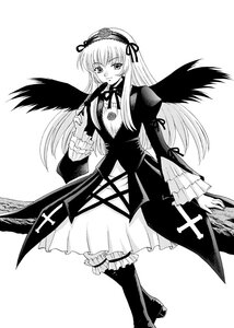 Rating: Safe Score: 0 Tags: 1girl auto_tagged black_wings blush boots dress frills full_body greyscale hairband image long_hair long_sleeves looking_at_viewer monochrome ribbon solo standing suigintou very_long_hair wings User: admin