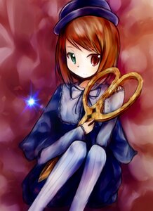 Rating: Safe Score: 0 Tags: 1girl bangs blue_dress brown_hair dress green_eyes hat heterochromia holding image long_sleeves looking_at_viewer pantyhose red_eyes short_hair sitting solo souseiseki white_legwear User: admin