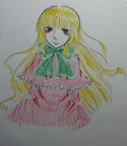 Rating: Safe Score: 0 Tags: 1girl auto_tagged blonde_hair bow bowtie capelet dress expressionless image long_hair long_sleeves looking_at_viewer shinku simple_background solo traditional_media User: admin