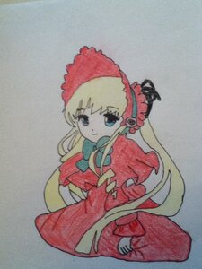 Rating: Safe Score: 0 Tags: 1girl bangs blonde_hair blue_eyes bonnet bow bowtie capelet closed_mouth dress grey_background image long_hair long_sleeves looking_at_viewer photo red_capelet red_dress shinku simple_background solo traditional_media very_long_hair User: admin