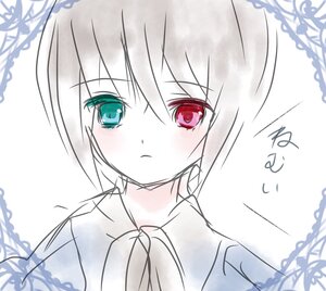 Rating: Safe Score: 0 Tags: 1girl blush green_eyes hariruri image looking_at_viewer monochrome red_eyes sketch solo souseiseki spot_color striped User: admin