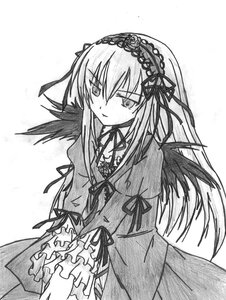 Rating: Safe Score: 0 Tags: 1girl blush dress frills greyscale hairband image lolita_hairband long_hair long_sleeves looking_at_viewer monochrome ribbon simple_background solo suigintou traditional_media white_background wings User: admin