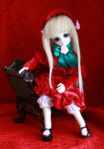 Rating: Safe Score: 0 Tags: 1girl blonde_hair bloomers blue_eyes bow bowtie chair doll dress hat long_hair long_sleeves red_dress red_theme shinku sitting solo underwear User: admin