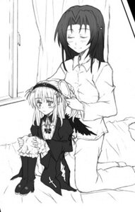 Rating: Safe Score: 0 Tags: 2girls blush boots closed_eyes dress greyscale hairband image kakizaki_megu long_hair long_sleeves monochrome multiple_girls sitting smile solo suigintou User: admin