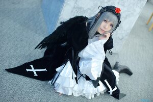 Rating: Safe Score: 0 Tags: 1girl bangs black_dress blue_eyes closed_mouth dress flower frills gothic_lolita hairband lips lolita_fashion long_hair long_sleeves looking_at_viewer silver_hair sitting solo suigintou User: admin