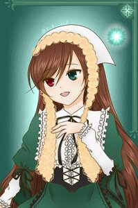 Rating: Safe Score: 0 Tags: 1girl :d black_ribbon brown_hair corset dress frills green_dress green_eyes head_scarf heterochromia image long_hair long_sleeves looking_at_viewer open_mouth red_eyes ribbon smile solo suiseiseki very_long_hair User: admin