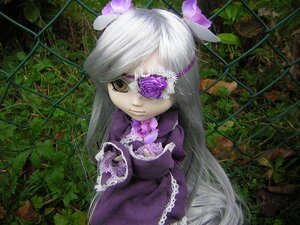 Rating: Safe Score: 0 Tags: 1girl barasuishou doll dress eyepatch flower long_hair nature plant purple_flower solo vines white_hair yellow_eyes User: admin