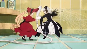 Rating: Safe Score: 0 Tags: 2girls blonde_hair dress image long_hair long_sleeves multiple_girls outdoors pair shinku standing suigintou very_long_hair wings User: admin