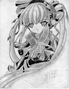 Rating: Safe Score: 0 Tags: 1girl bonnet bow bowtie dress flower frills greyscale hairband image long_hair looking_at_viewer monochrome shikishi shinku solo traditional_media twintails User: admin