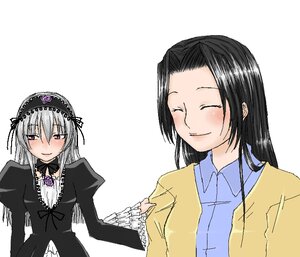 Rating: Safe Score: 0 Tags: 2girls blush closed_eyes dress frills hairband image kakizaki_megu long_hair long_sleeves multiple_girls silver_hair simple_background smile solo suigintou upper_body white_background wings User: admin