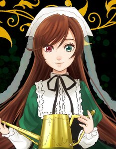 Rating: Safe Score: 0 Tags: 1girl brown_hair dress frills green_dress heterochromia holding image long_hair long_sleeves looking_at_viewer red_eyes solo suiseiseki very_long_hair User: admin