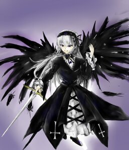 Rating: Safe Score: 0 Tags: 1girl black_dress black_feathers black_wings dress feathered_wings feathers flower frills full_body gradient gradient_background hairband image lolita_hairband long_hair long_sleeves looking_at_viewer ribbon rose silver_hair solo standing suigintou weapon wings User: admin